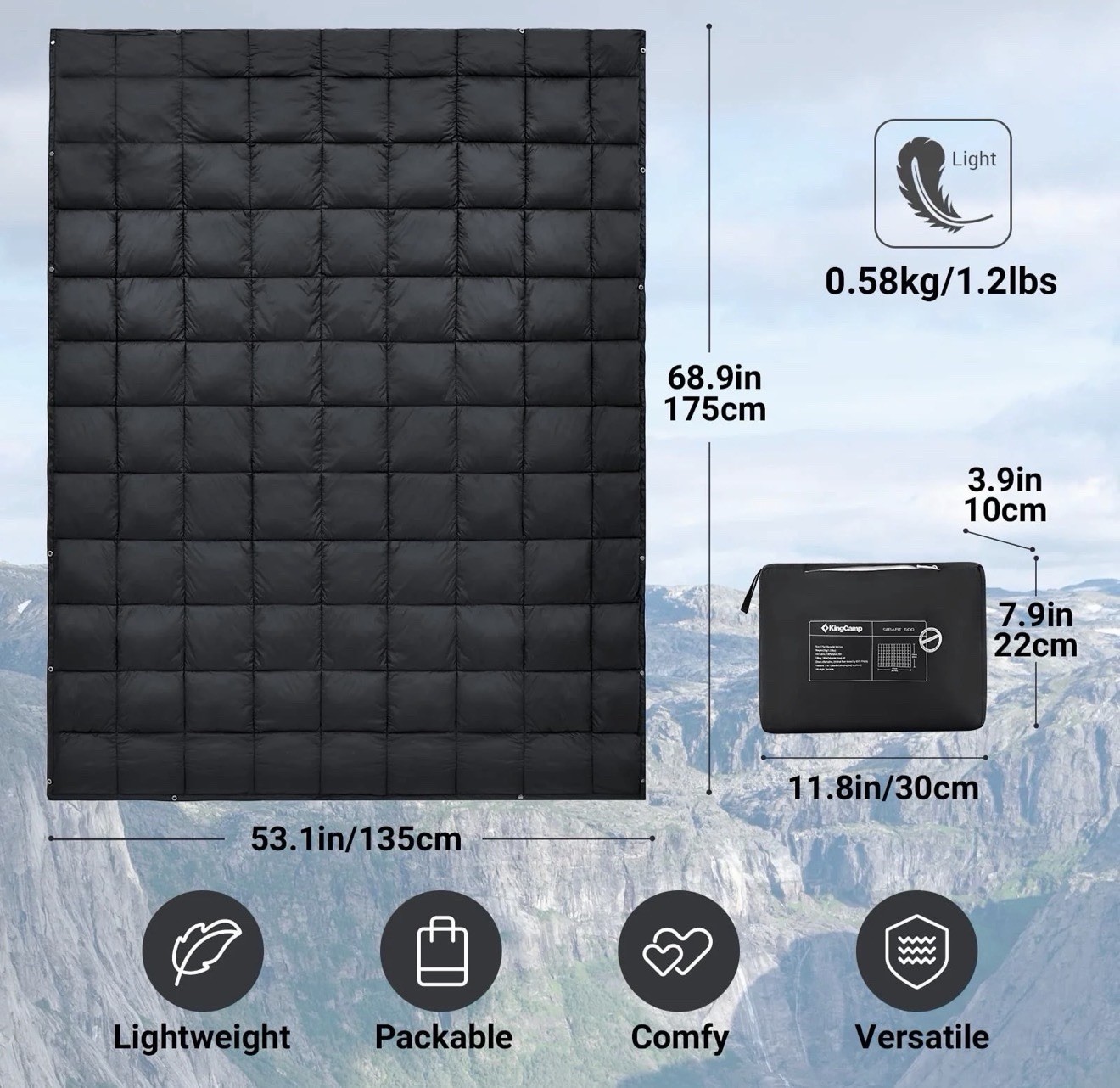 KingCamp Smart 600 Camping Blanket Ultralight Packable Down Alternative Wearable