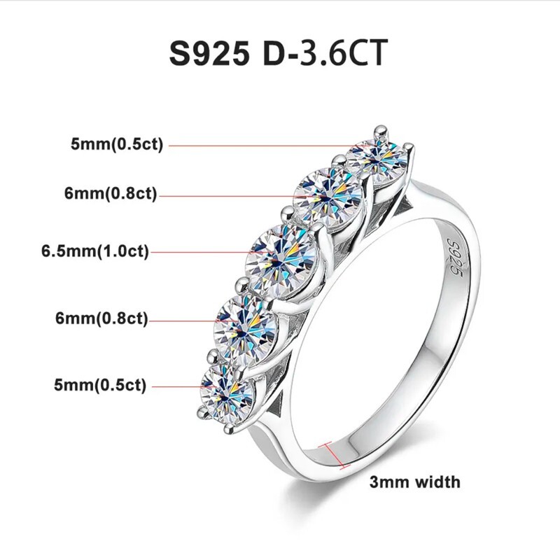 3.60CT Moissanite Wedding Anniversary Ring 5 Stone Round Cut 925 Sterling Silver