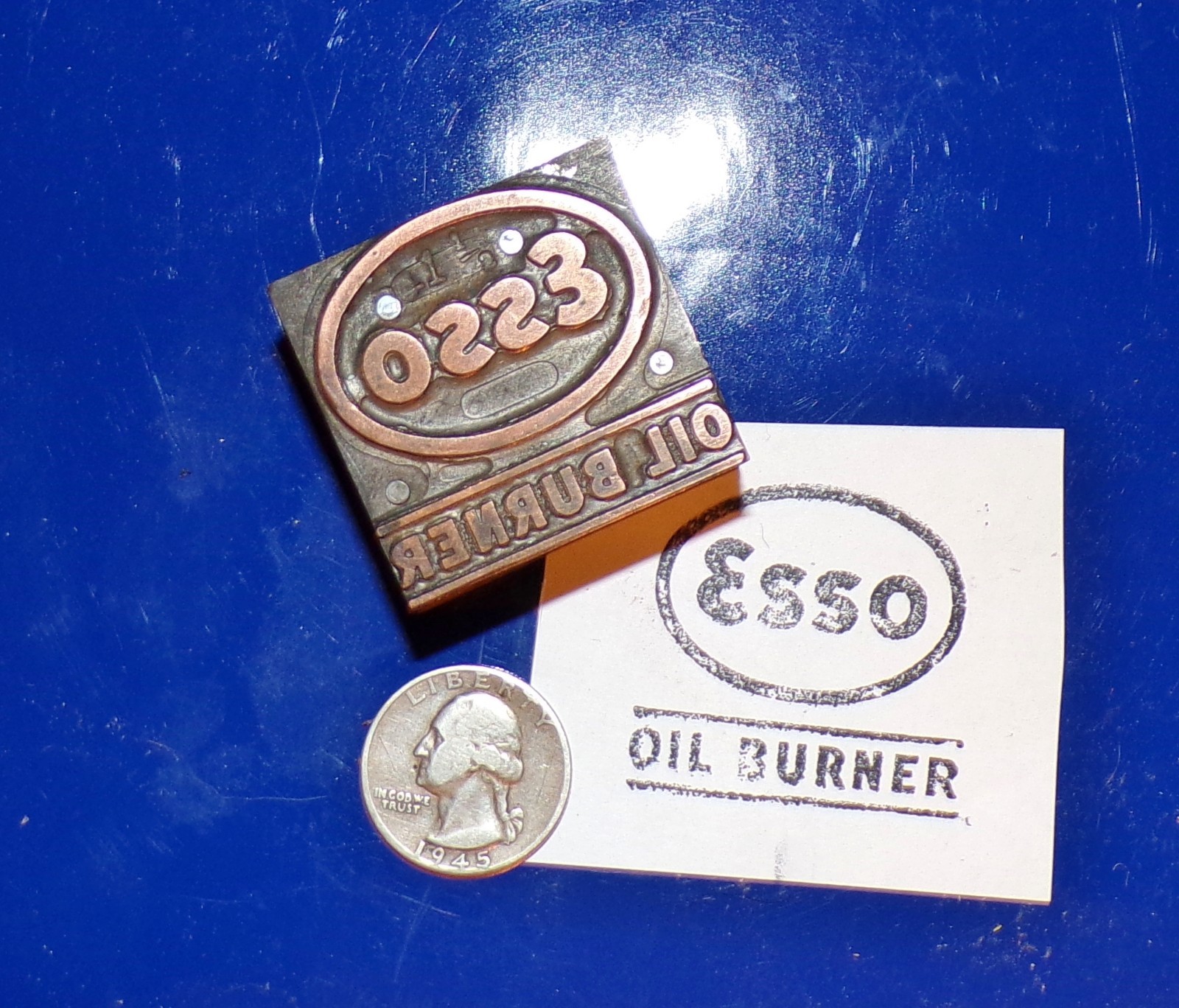 Vintage "ESSO / Oil Burner" Wood & Copper Letterpress Printers Block