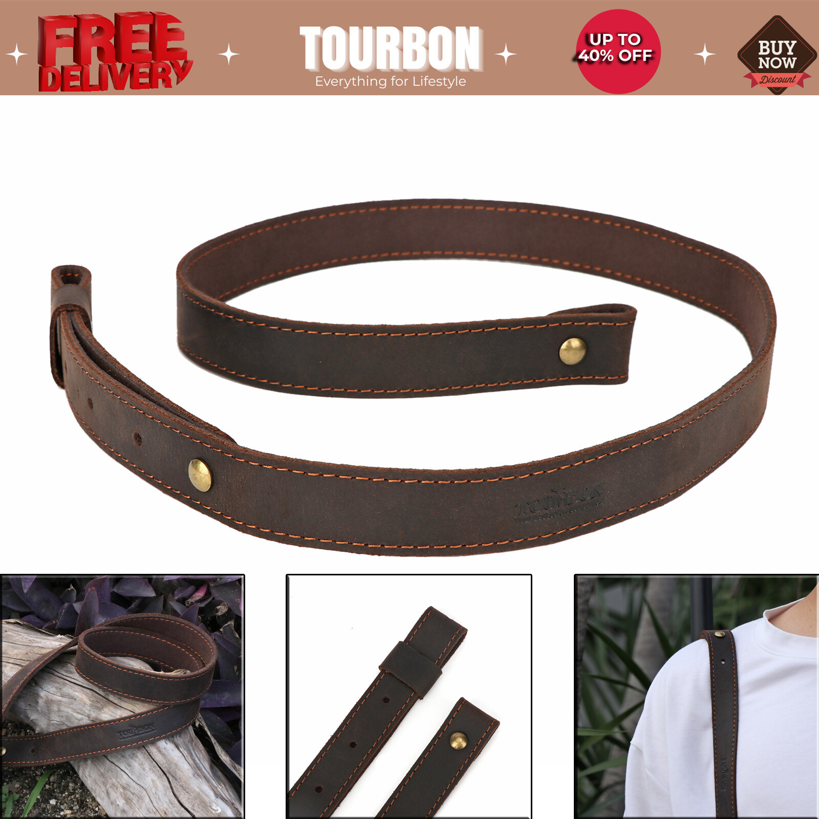 TOURBON Buffalo Leather Rifle Gun Sling_Crazy Horse Adjustable Handmade_1" Wide