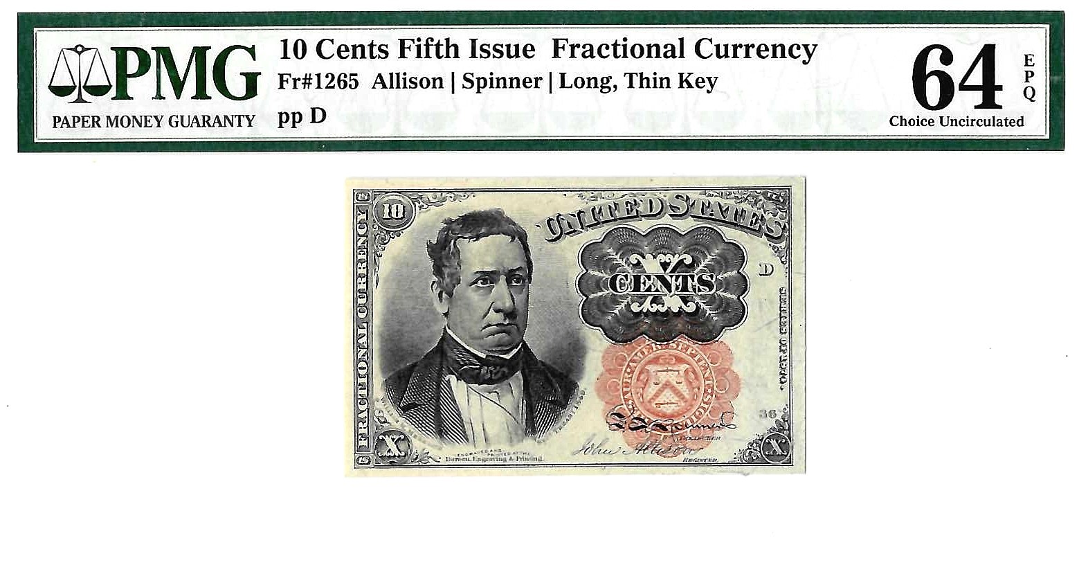 10 Cents Fifth Issue Fractional Currency Fr. 1265 PMG Choice UNC 64 EPQ