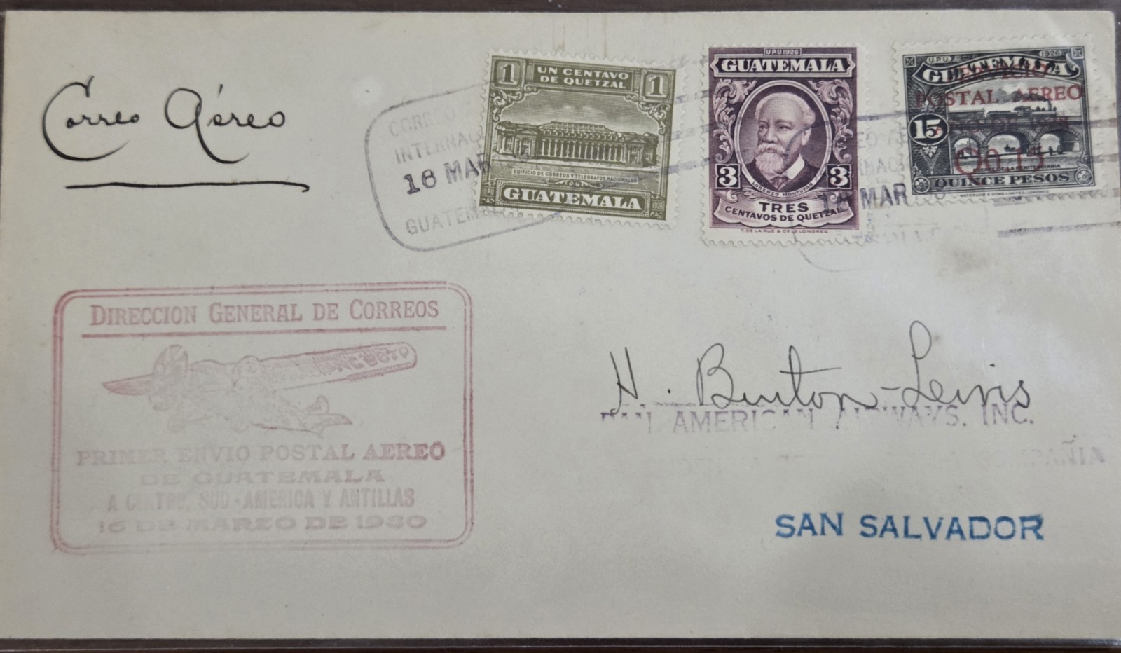 Guatemala 1930 First Flight El Salvador Burton Lewis Pilot