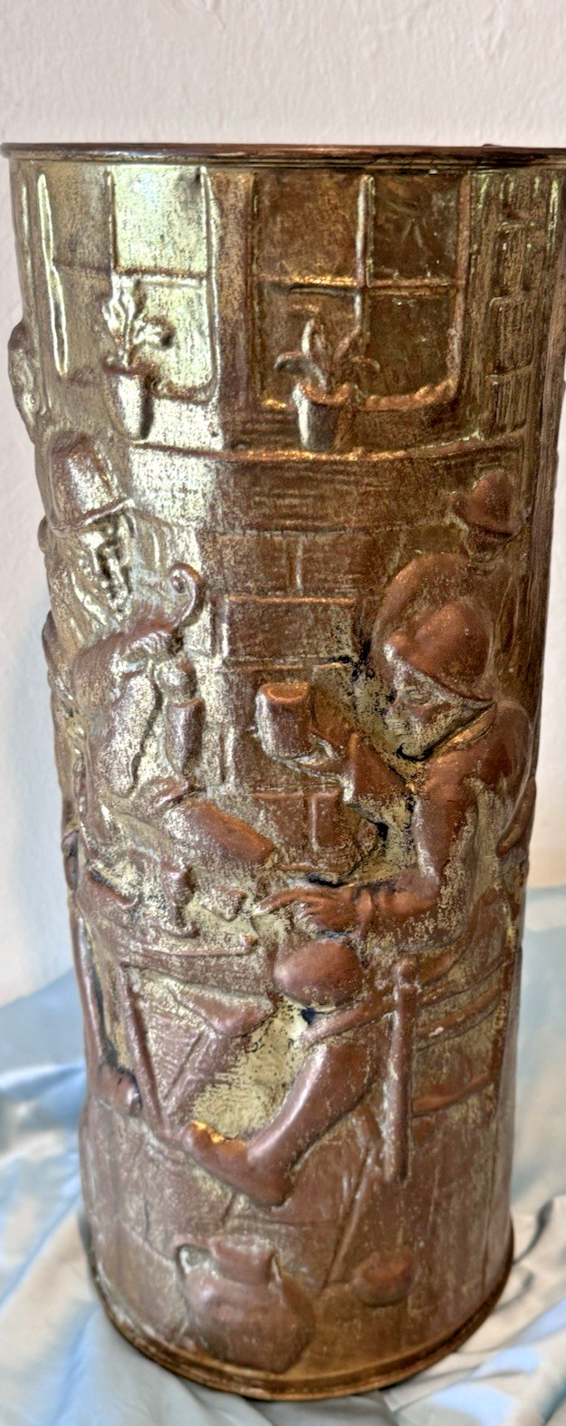 Lombard Umbrella Stand Brass Embossed Relief Colonial Pub Scene England 15" Tall