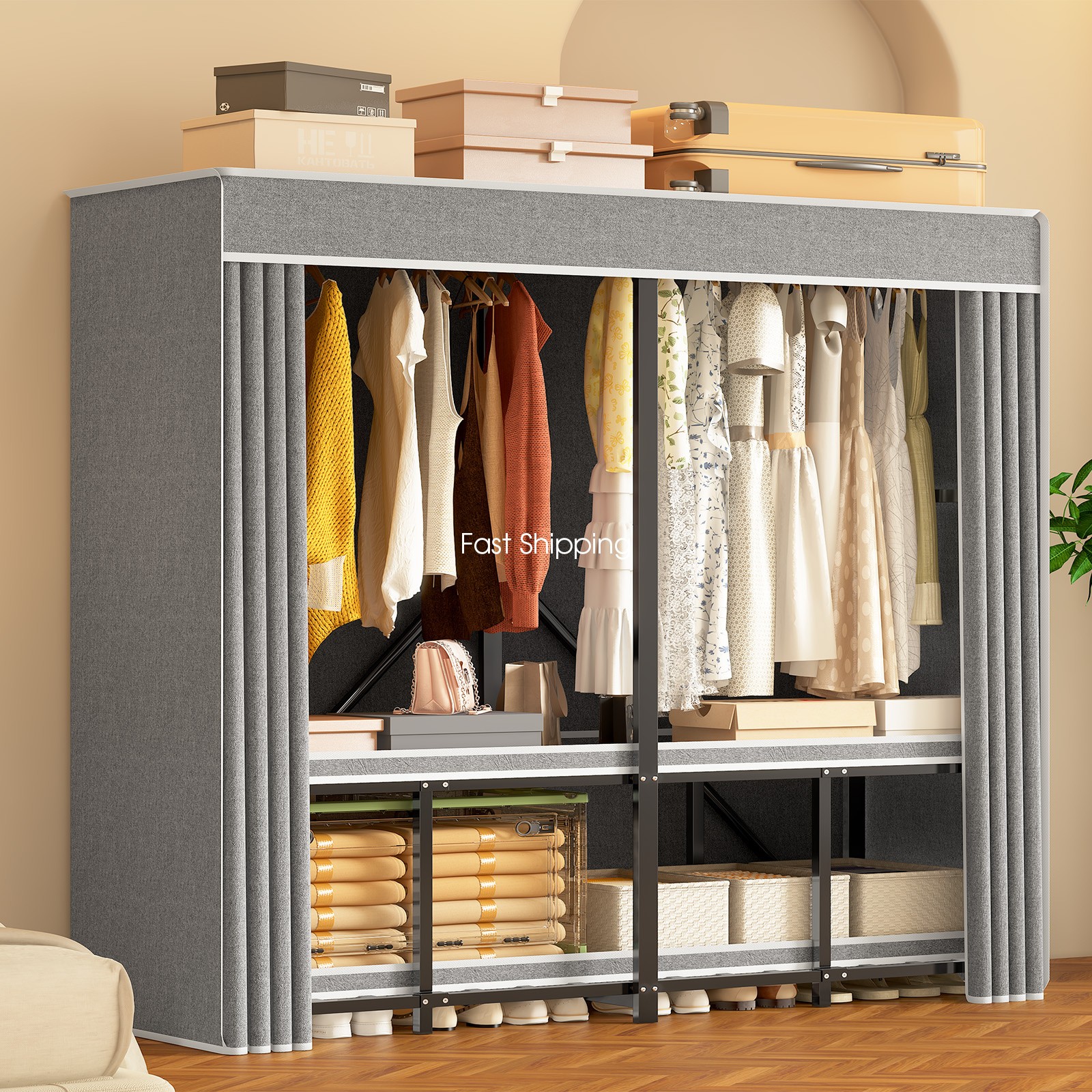 Heavy Duty Portable Metal Closet with Cover Foldable Covered Clothes Rack NEW