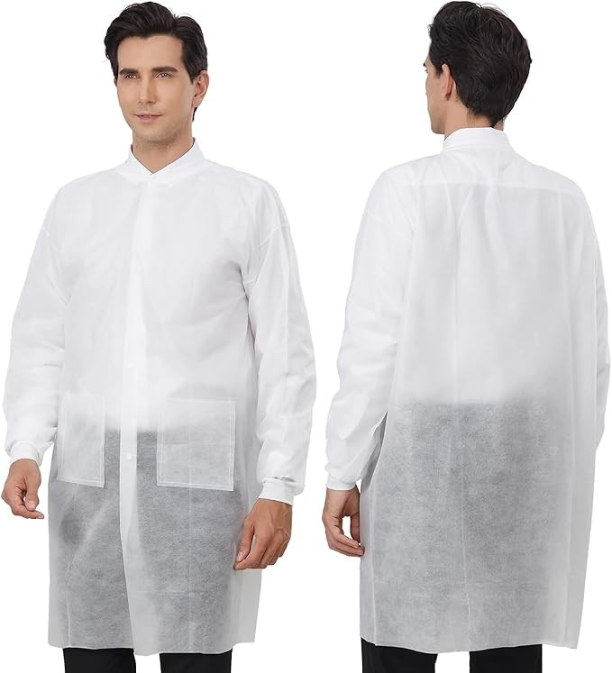 Case of  50 Medical Disposable Lab Coats Gowns 35GSM Knitted Cuffs and Collar