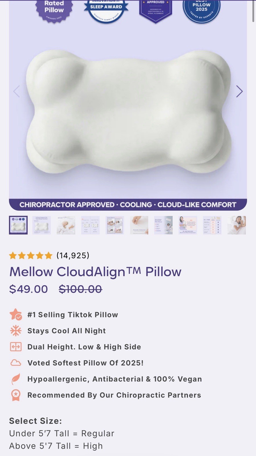 Mellow CloudAlign Cooling Hypoallergenic Bed Pillow Regular