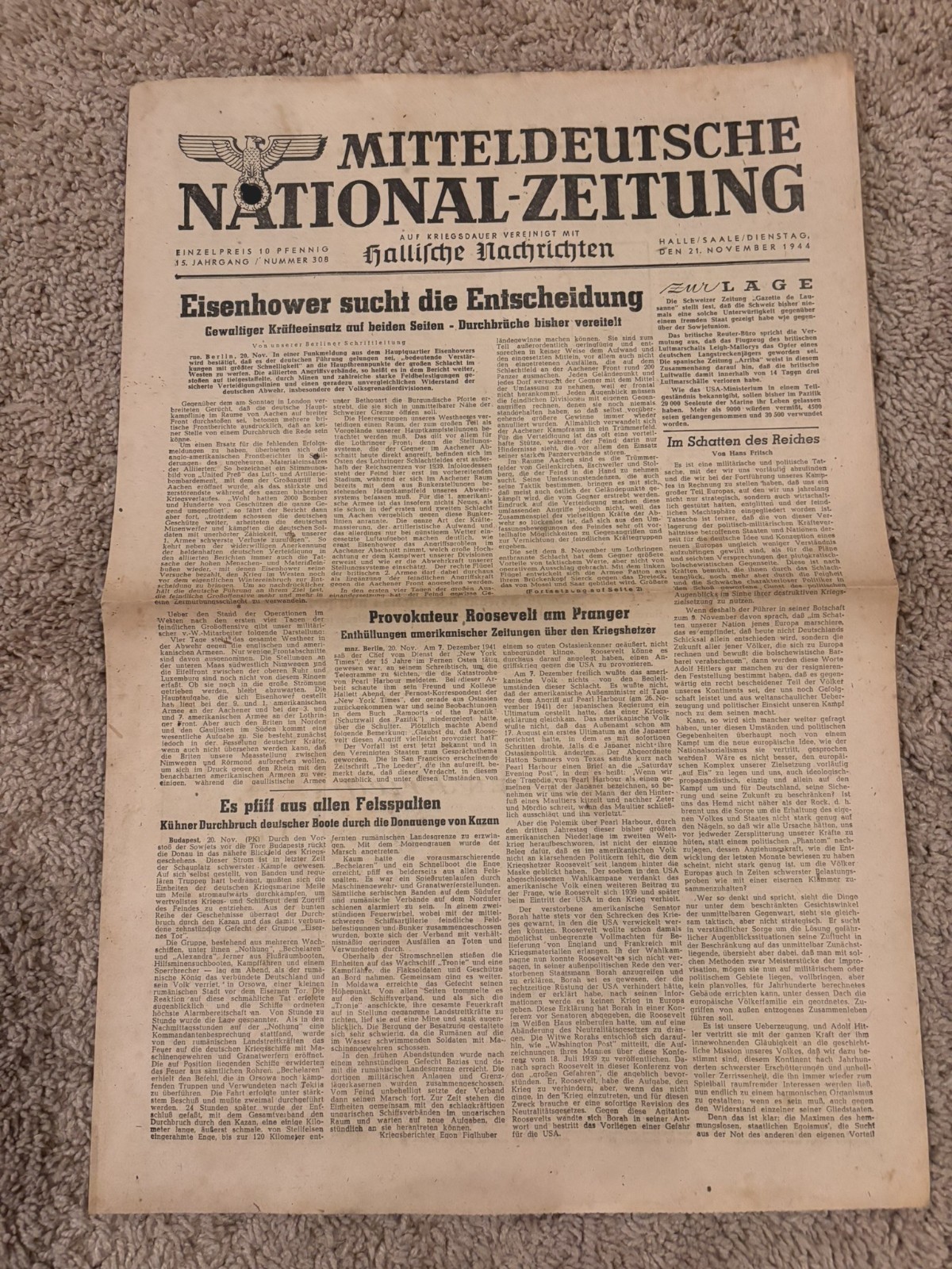 WW2 Period German Newspaper November 21, 1944