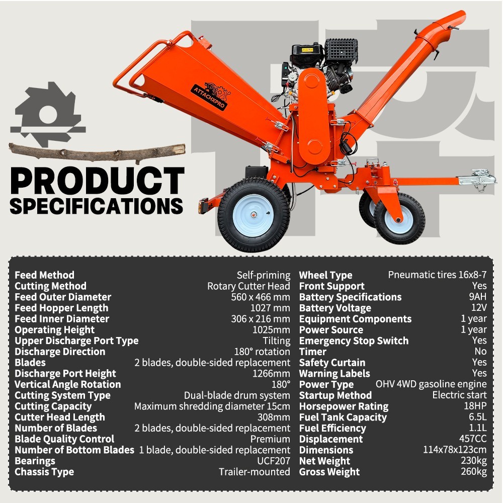 6'' 18hp Wood Chipper 450cc Gas Powered E-start 4-Wheel 12V/9A FREE SHIPPING