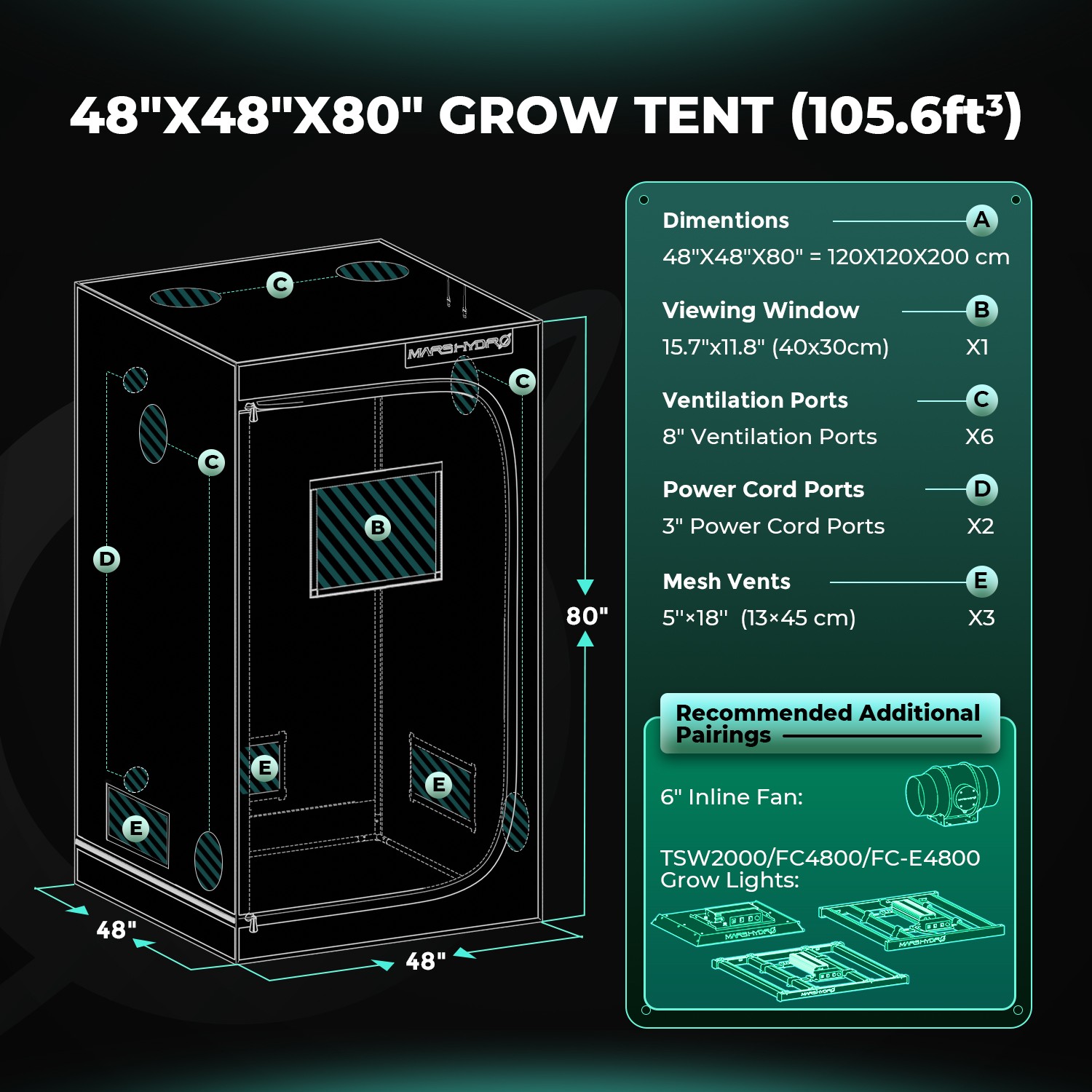 2026 Mars Hydro 48"X48"x80" Grow Tent+TS 600 100W LEDW/4" Fan Complete Grow Kit