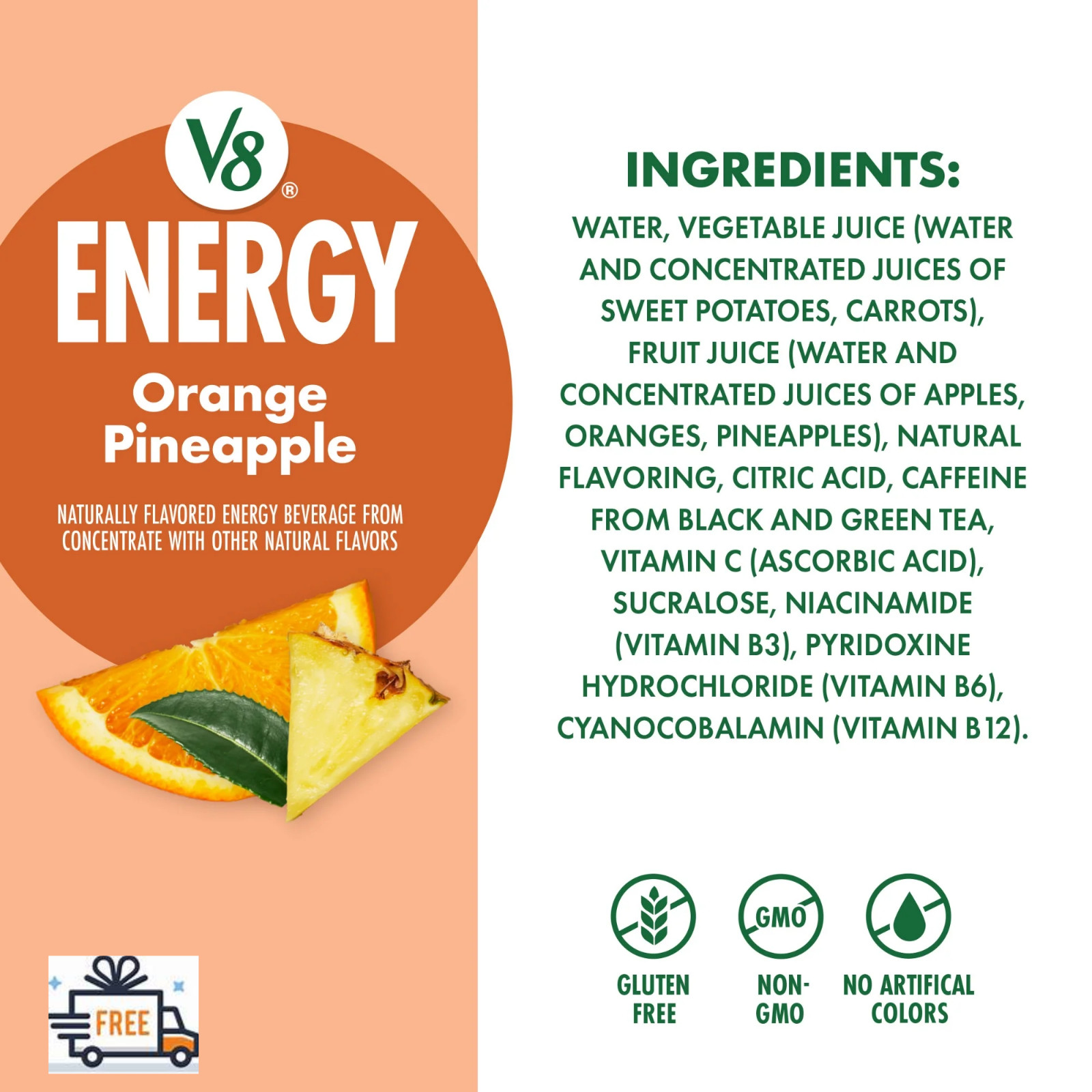 V8 Energy Orange Pineapple Energy Drink, 8 fl oz Can, 12 Pack
