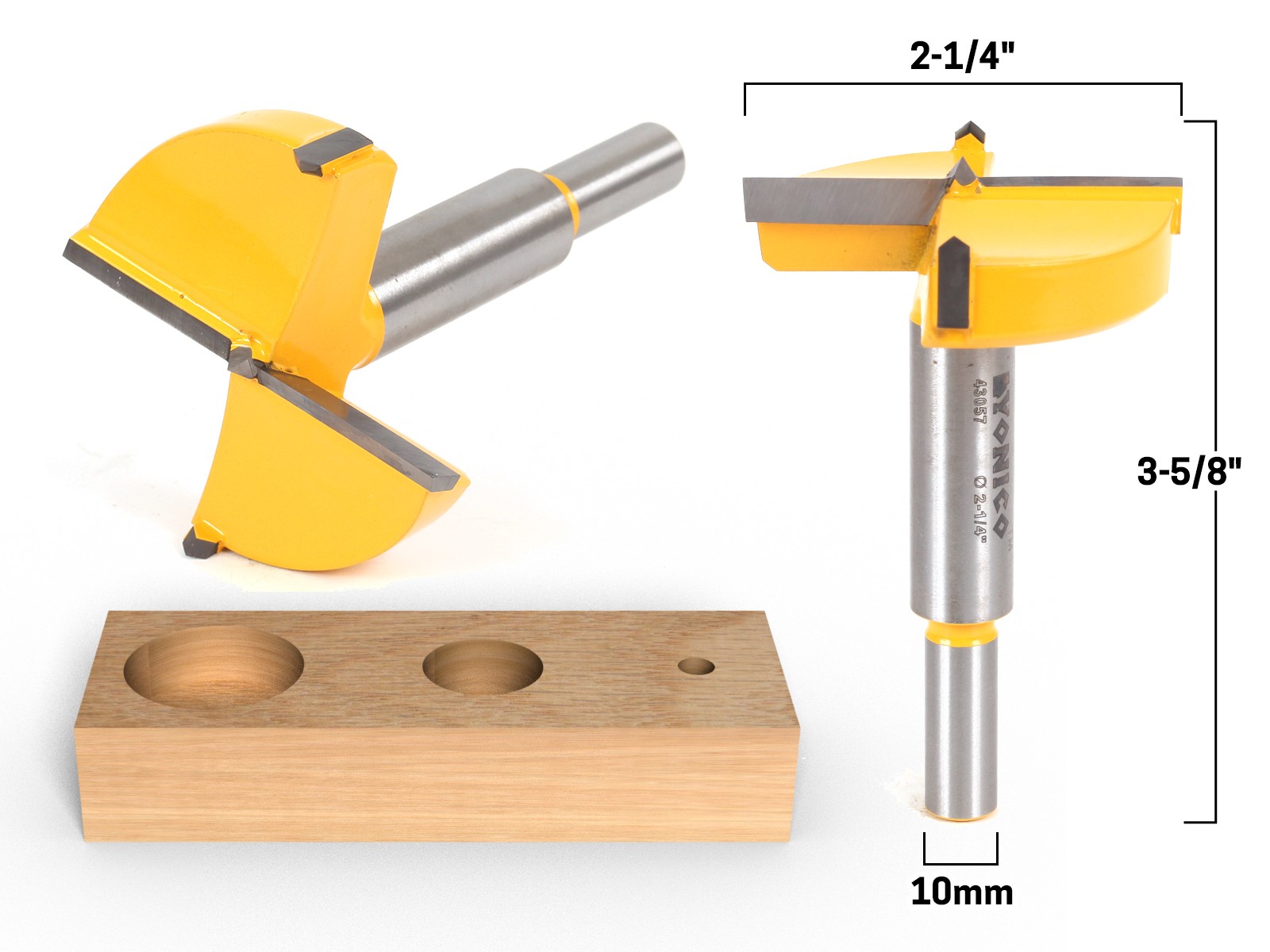 2-1/4" Diameter Carbide Forstner Drill Bit - 10mm Shank - Yonico 43057C