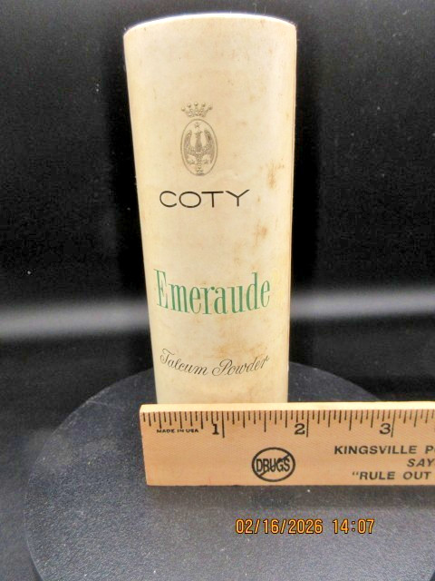 Vintage Coty Emeraude Talcum Powder from 1960 with Powder Still In It Metal Top