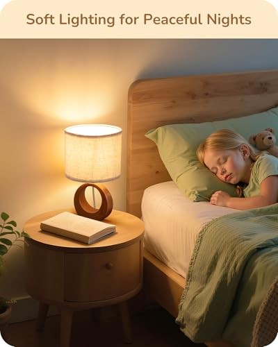 13.4" Small Table Lamp, Wood Nightstand Lamp with Beige Linen Mid Century