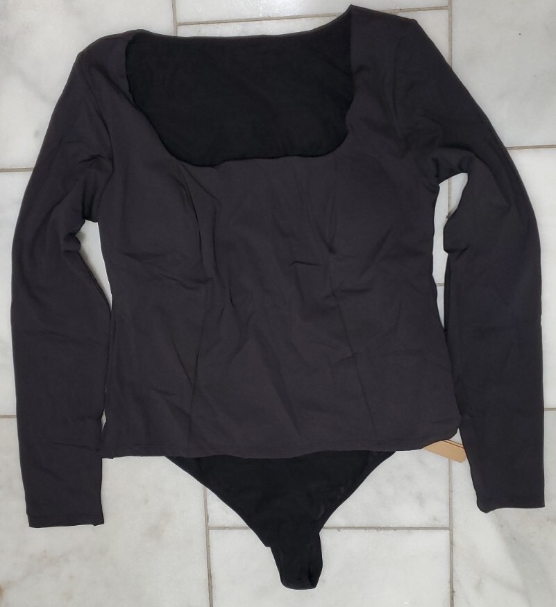 1~ Shapellx Bodysuit Long Sleeve Shirt Built In Bra Black XL
