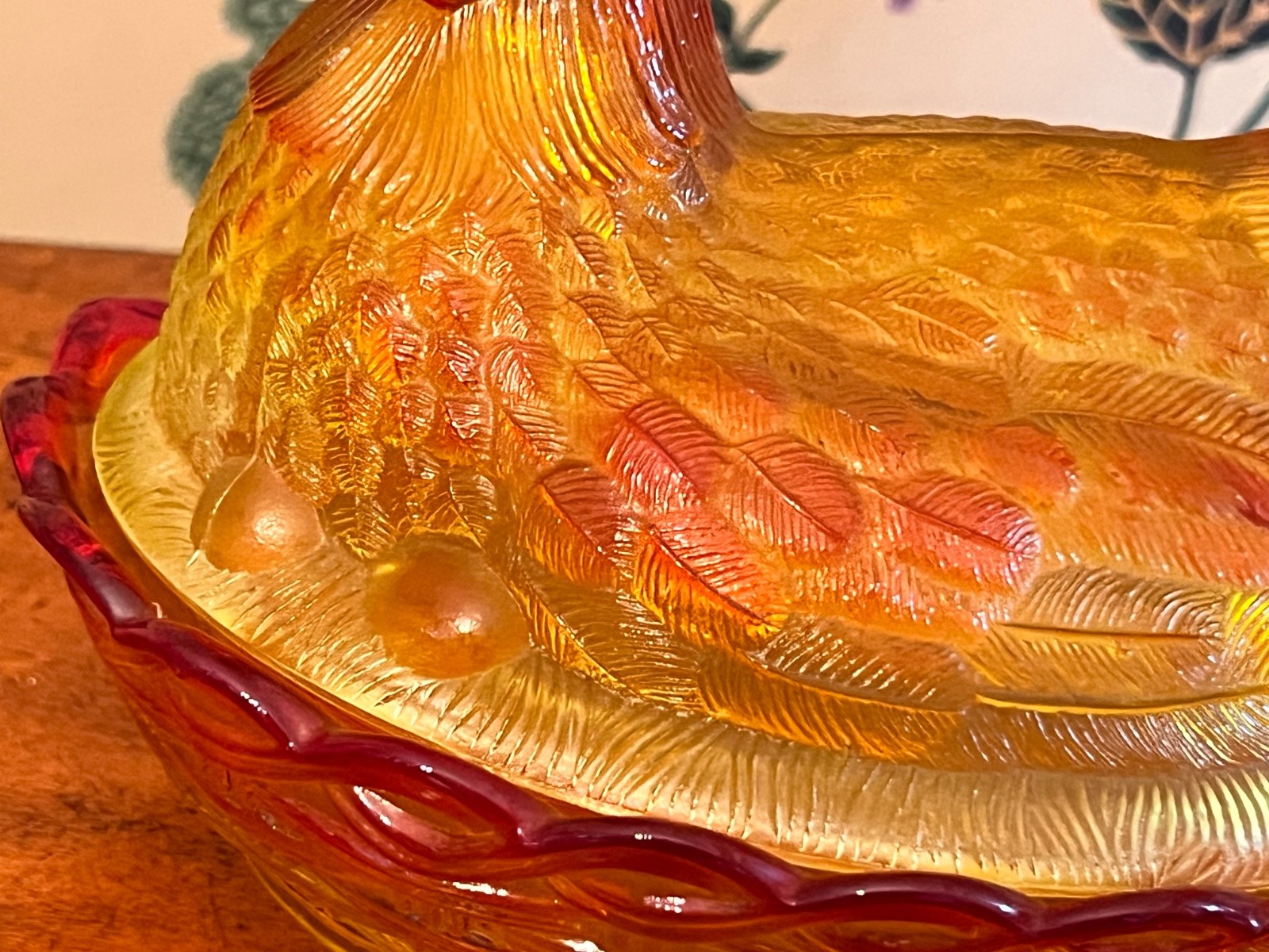 RARE! LG Wright XL Amberina Glass Hen On Nest 7 1/2" MINT!