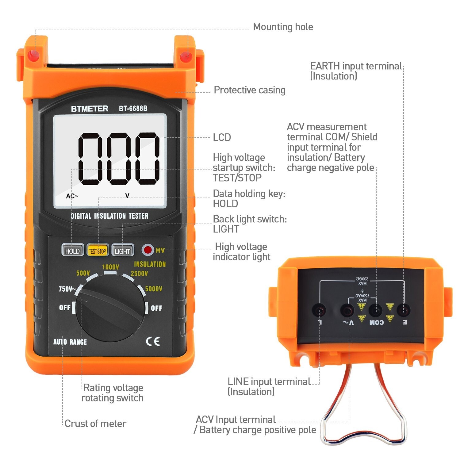 BT-6688B 500V/1000V/2500V/5000V Digital Insulation Resistance Tester Megohmmeter