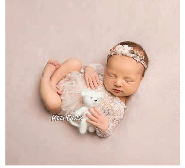 Newborn Baby Girl Lace Pearl Dress Skirt Headband Photography Props Photo Shoot