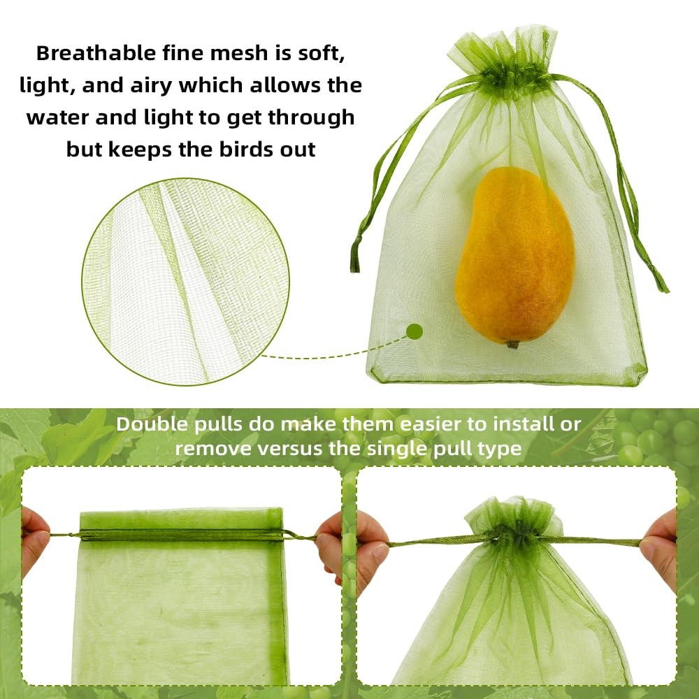 100 Pcs Fruit Protection Bags Tree Fruit Netting Mesh Bag with Drawstring