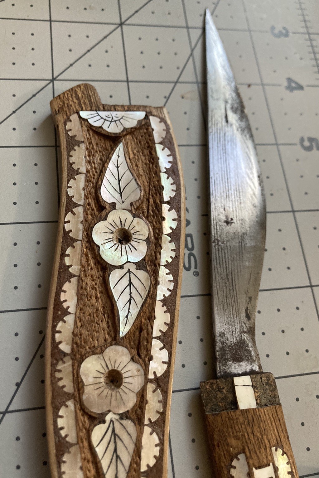 Vintage Philippines Bolo Knife with Sheath Scabbard Used Carved Wood