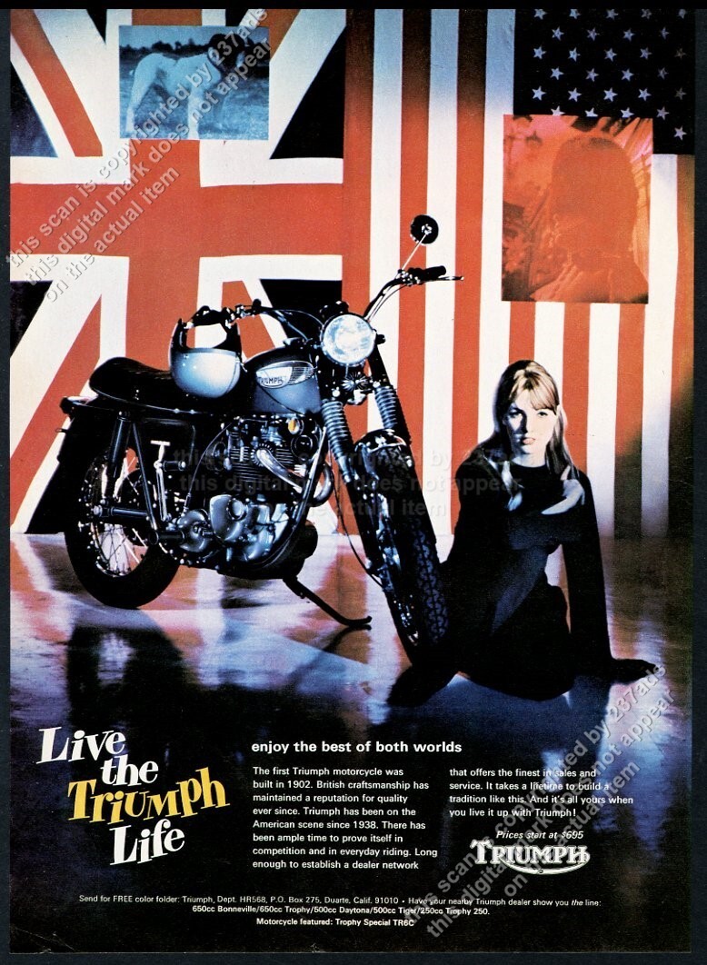 1968 Triumph Trophy Special TR6C motorcycle beautiful woman photo vtg print ad