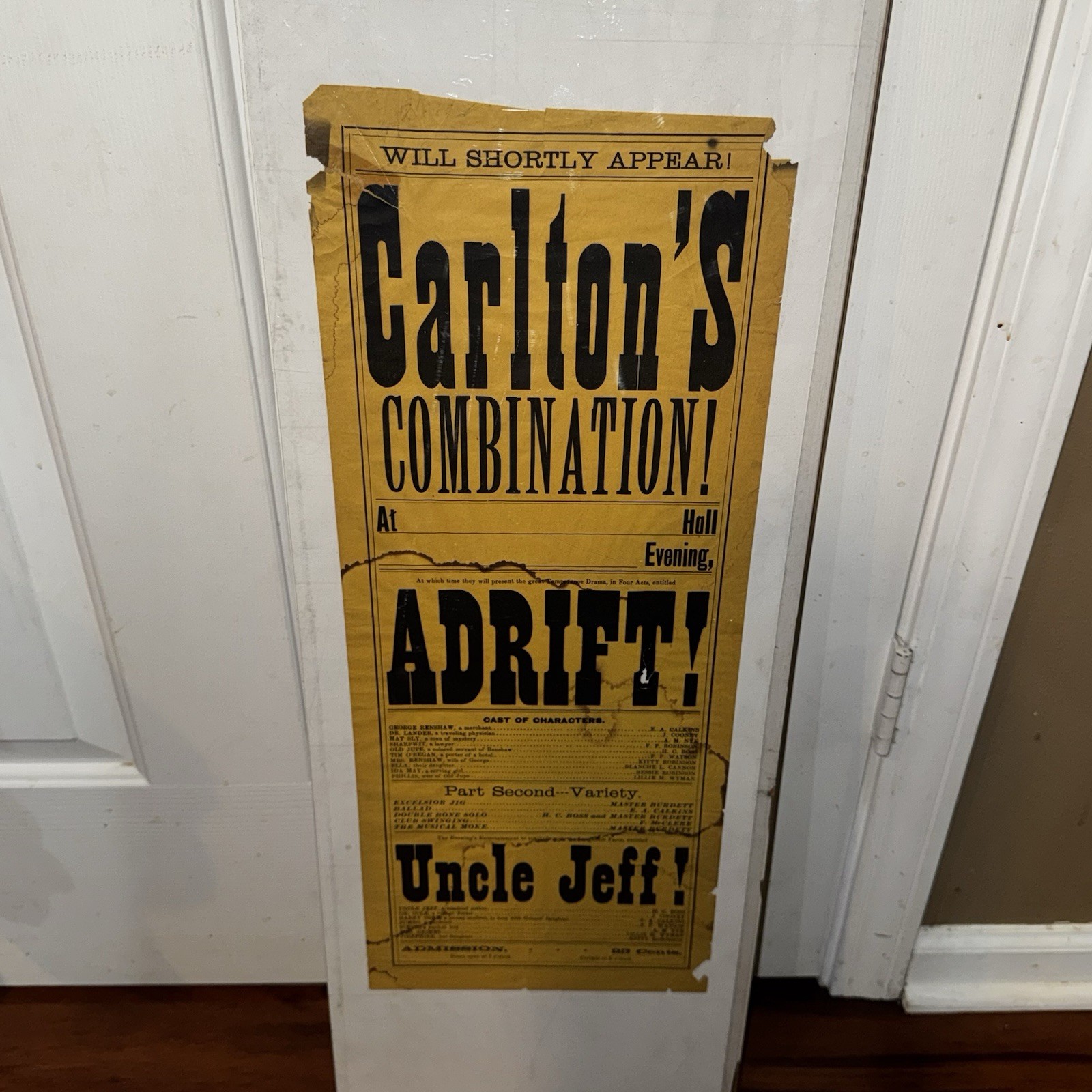 Antique 1880s Carlton’s Combination Adrift Uncle Jeff Theater Broadside Poster