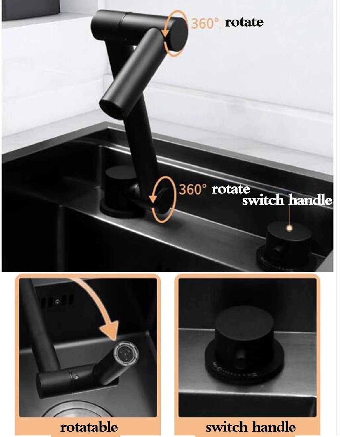 Hidden Bar/Cafe/RV/kitchen Sink wFoldable Faucet &Glass Rinser Set Black 18 INCH