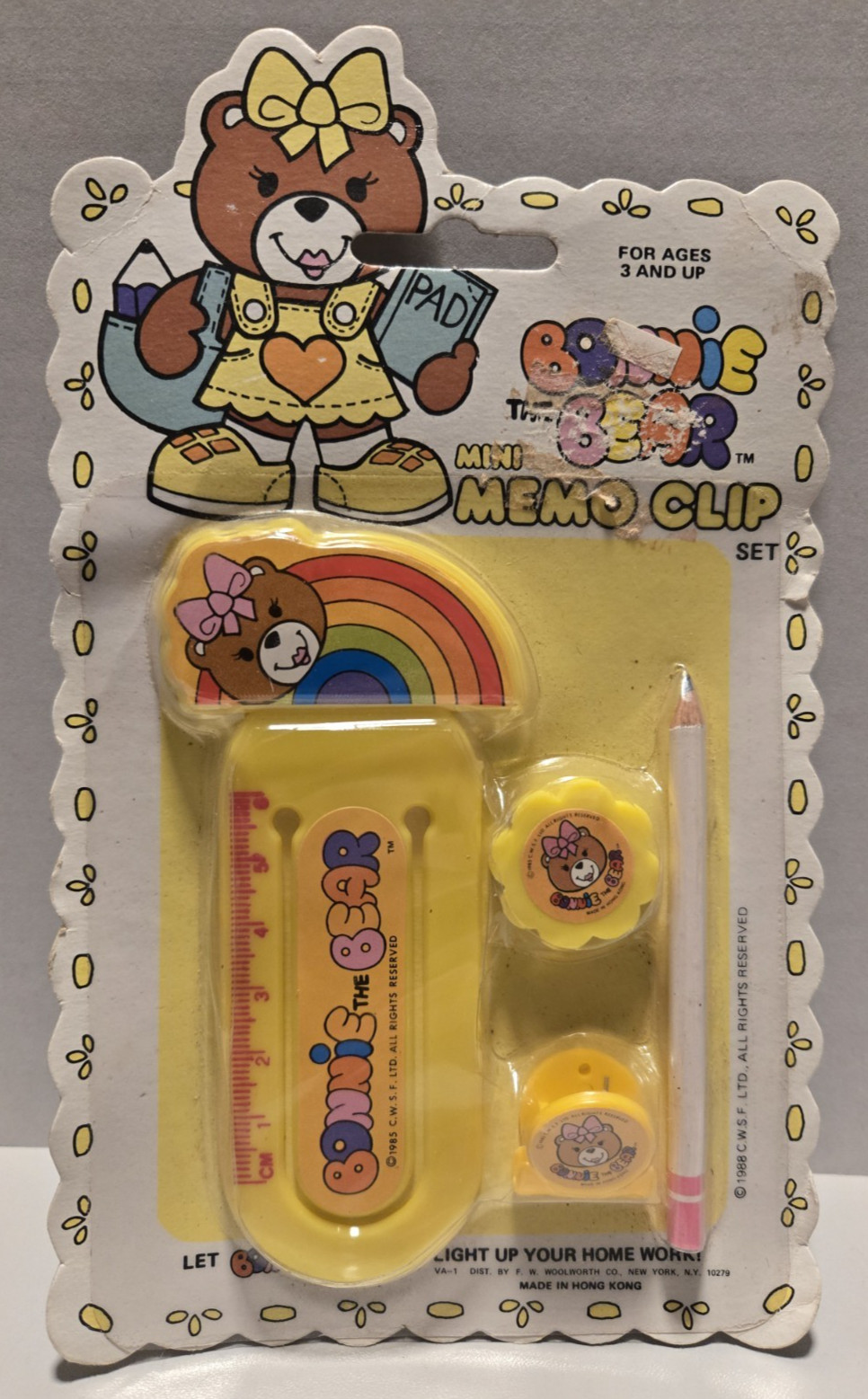 Vintage 1980's Bonnie the Bear Yellow Mini Memo Ruler Clip Set Pencil and Eraser
