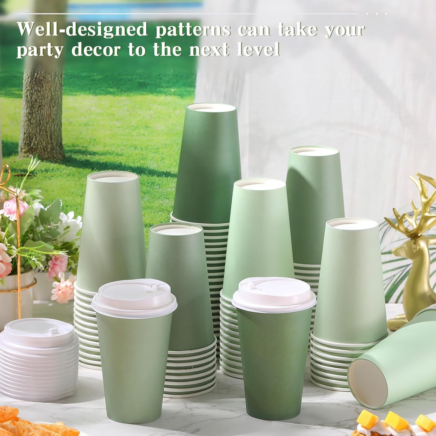 100 Count Paper Coffee Cups with Lids - Sage Green for All Occasions
