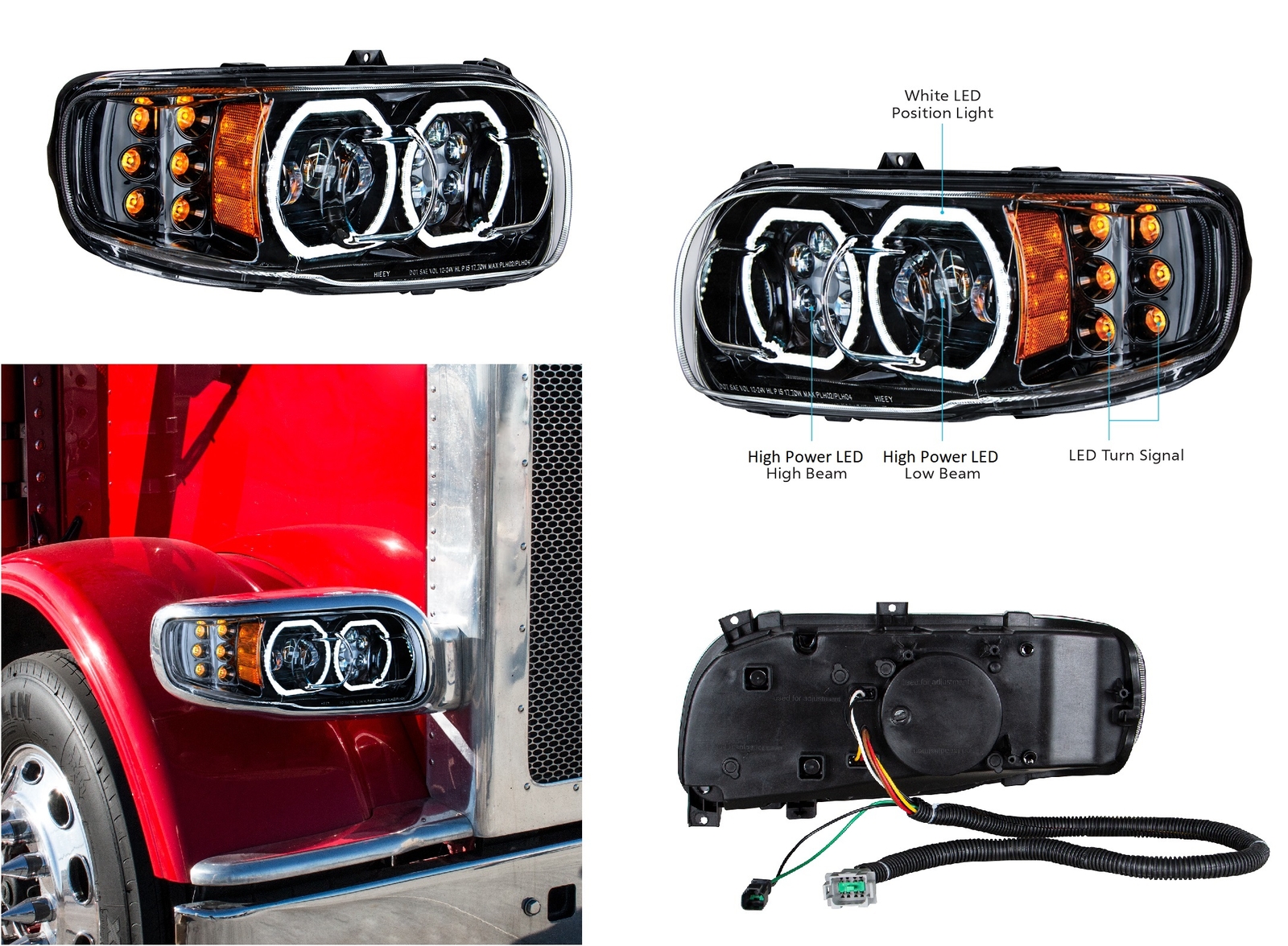 Pair Blackout LED Headlights w/ LED Halos & Turn Signals for Peterbilt 388/389