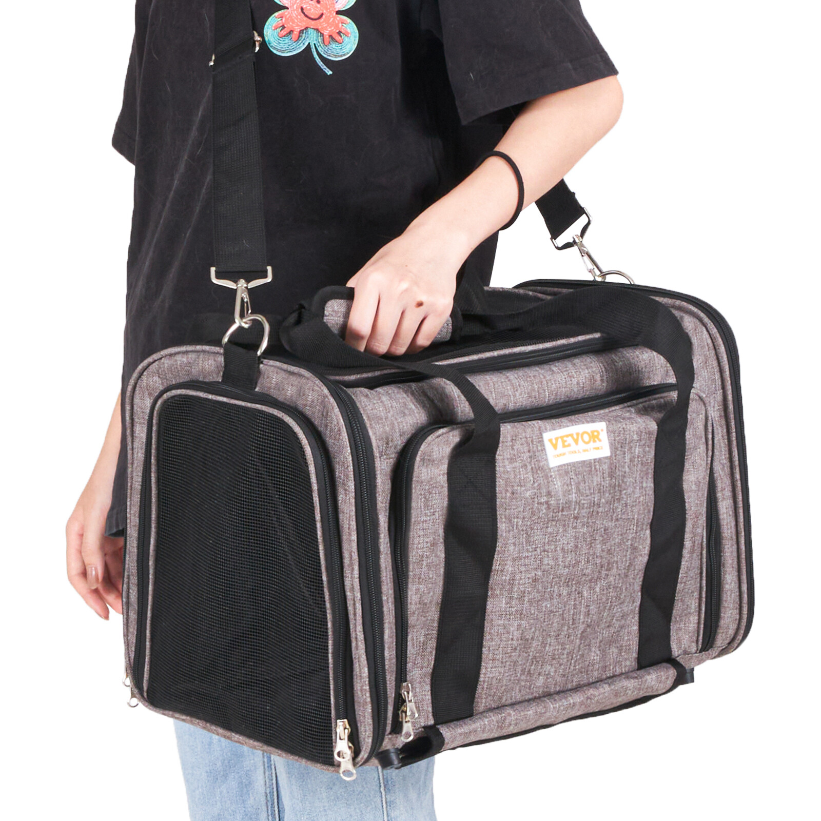 VEVOR Cat Carrier with Wheels Airline Approved Rolling Pet Carrier 25 lbs Grey