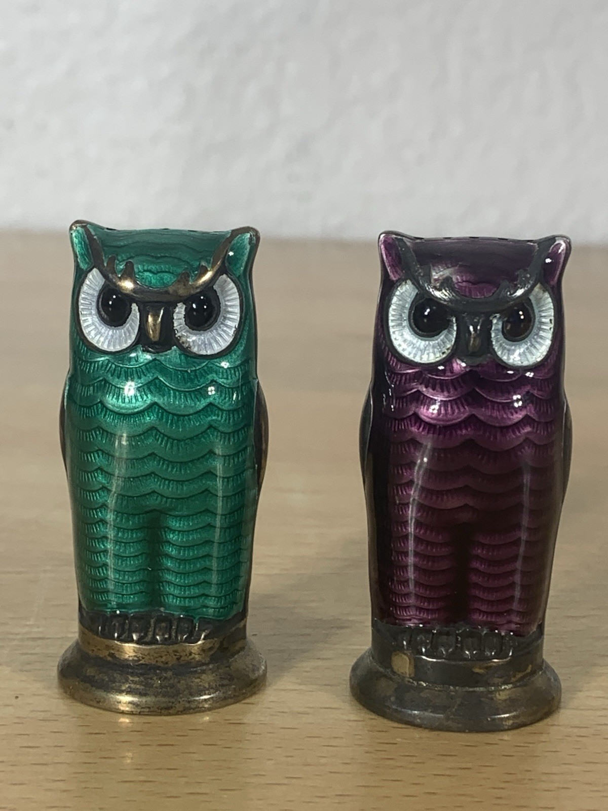 Rare David Andersen Norway 925 Sterling Guilloche Enamel Owl Salt Pepper Shakers