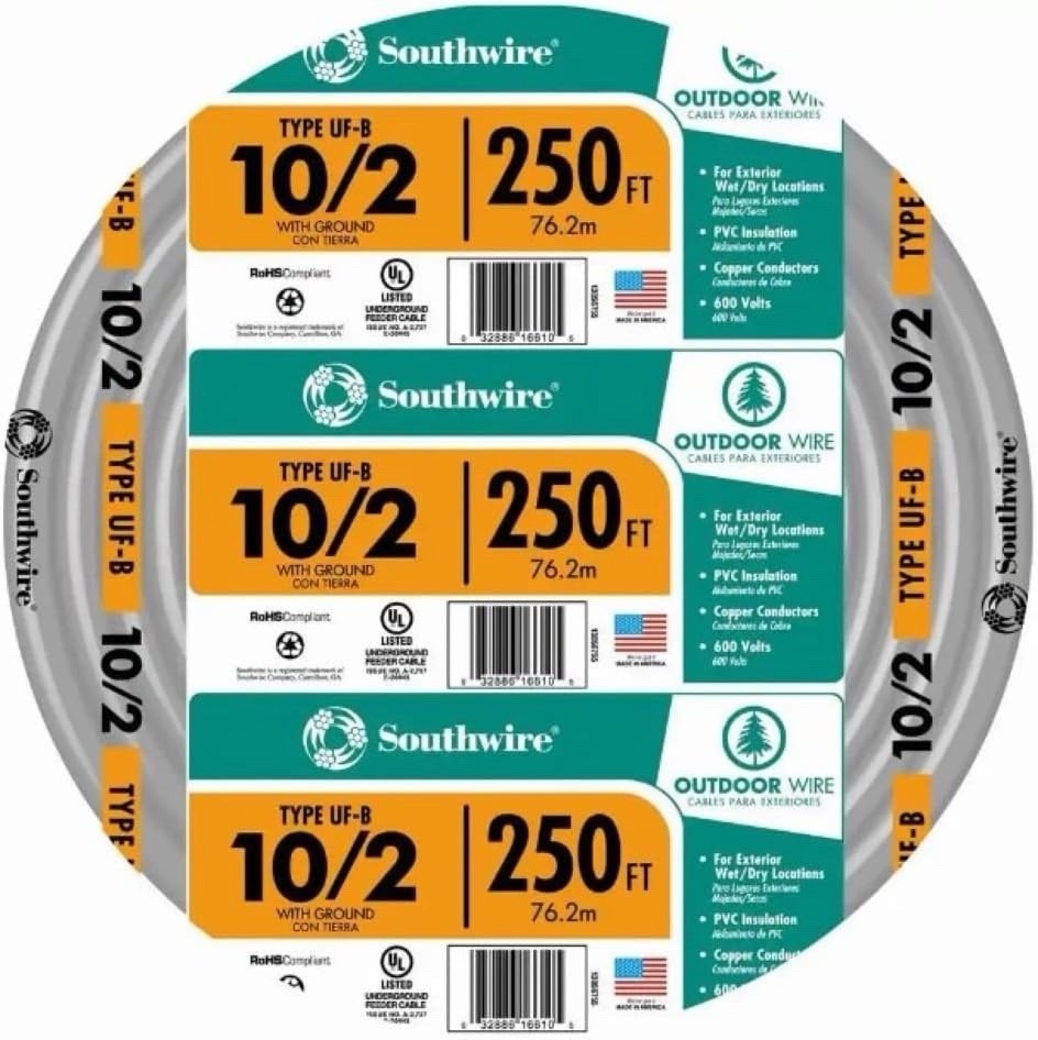 Southwire 250-ft 10/2 Solid UF-B Wire with Ground, By-The-Roll - Model 13056755