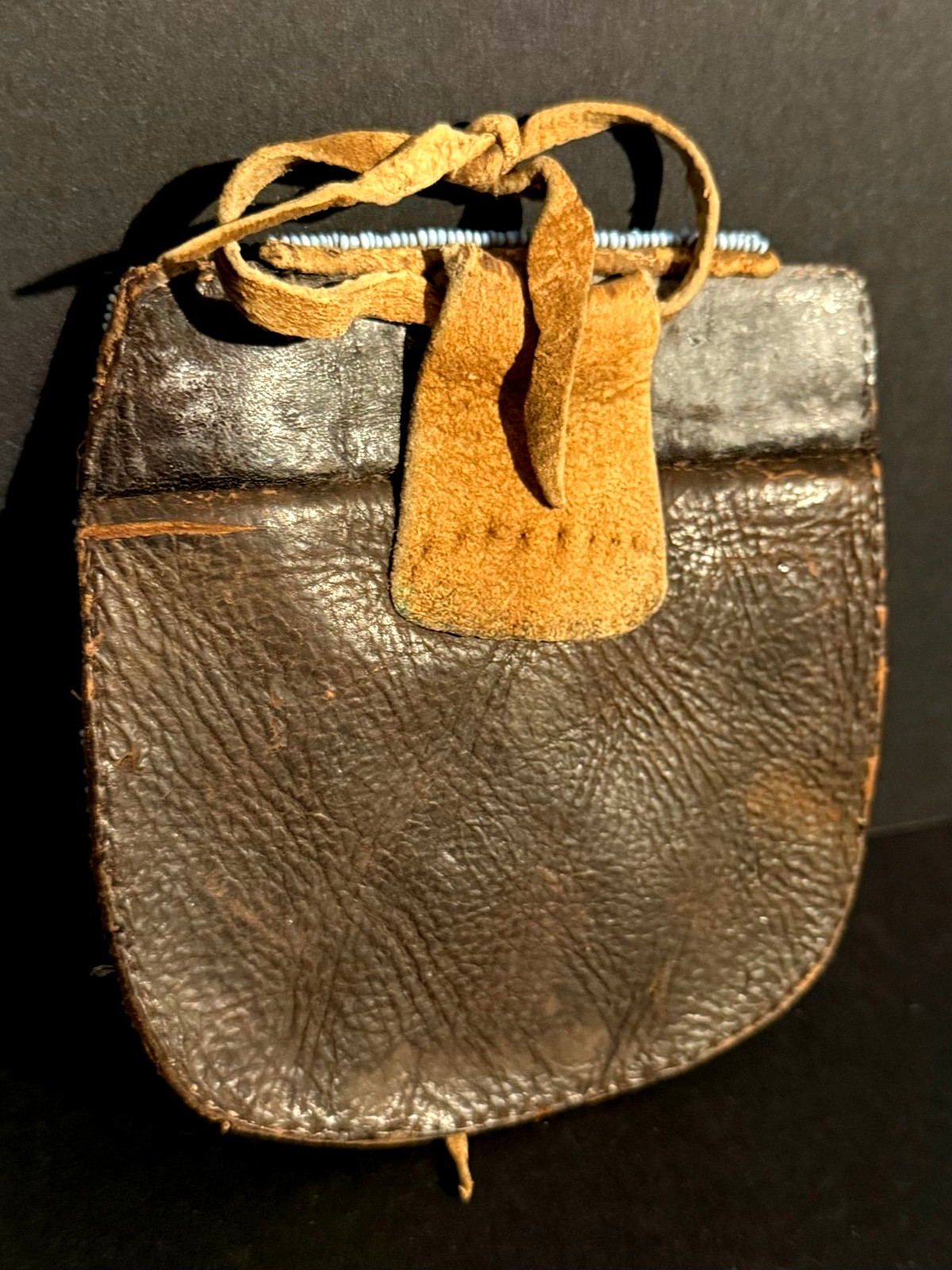 HISTORIC PLAINS BEADED HIDE POUCH,TURQUOISE BLUE GLASS BEAD BACKGROUND,EXCELLENT