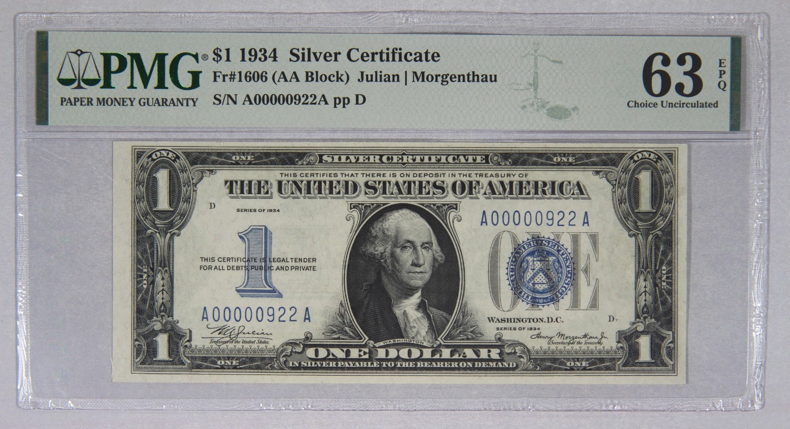 1934 $1 One Dollar Silver Certificate Note Fr#1606 PMG 63 EPQ Low Serial Number