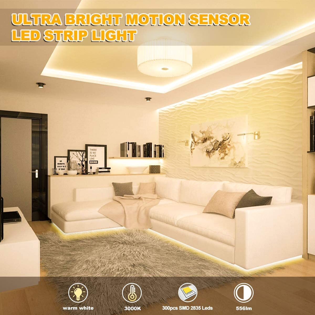 16.4ft Motion Activated LED Strip Light Waterproof for Kitchen, Bed, Stair