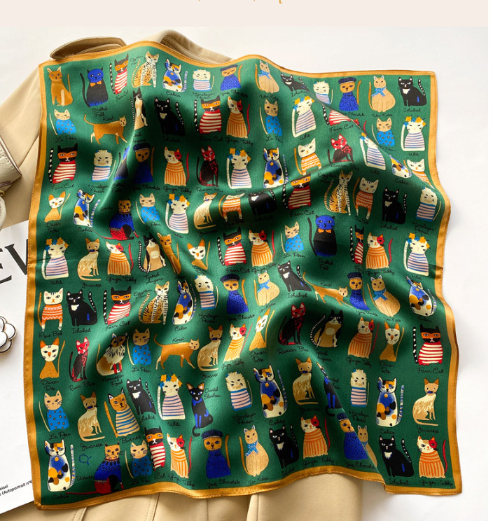 100% Mulberry Silk 20 "Square Scarf Women Neckerchief Wrap Cartoon Cat Green