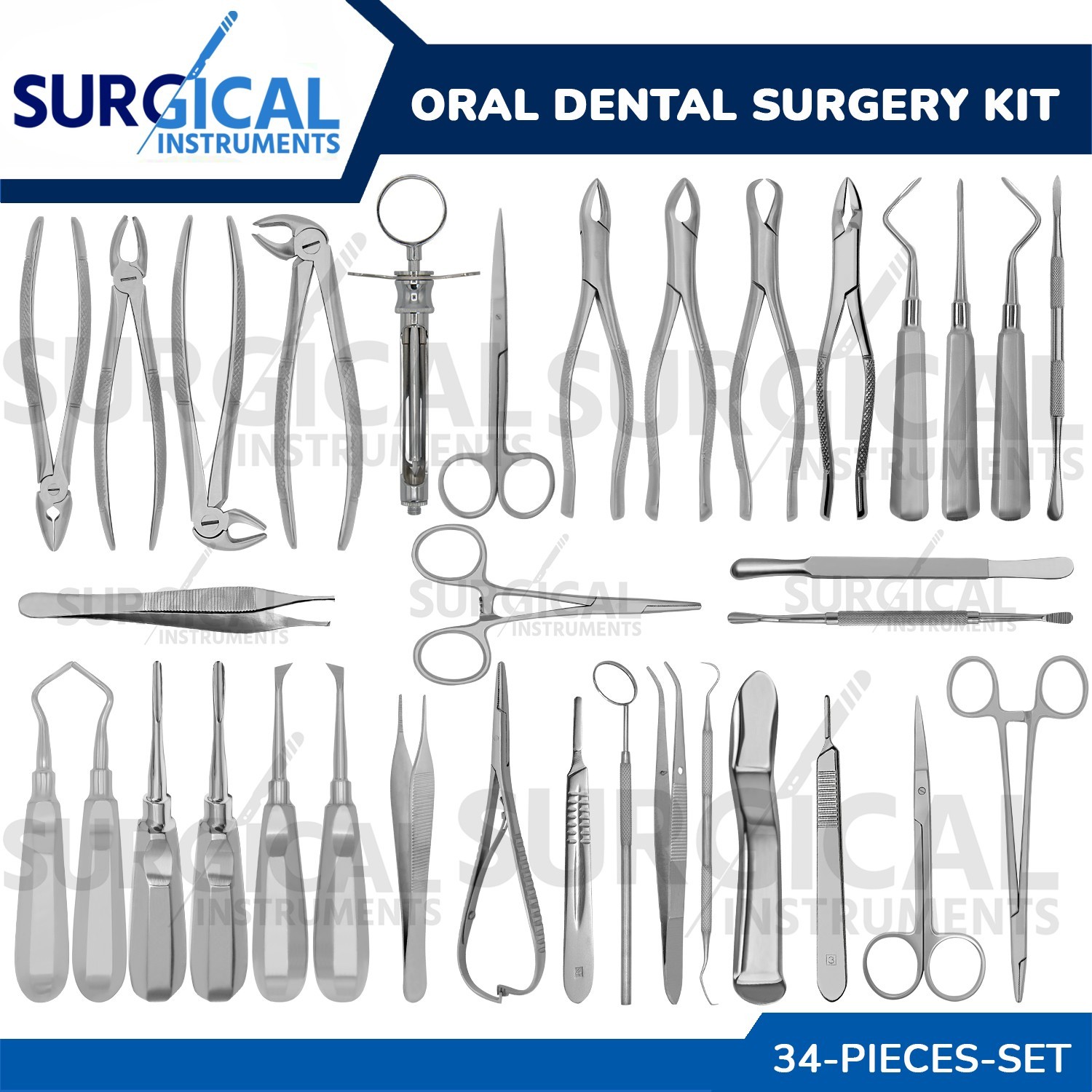 34 Pcs Oral Dental Extraction Surgery Extracting Elevators Forceps Instruments