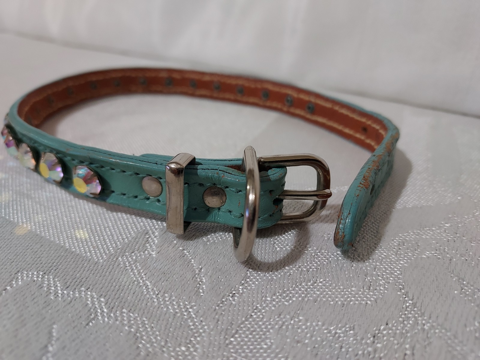 Rare Vtg Rhinestone Jeweled Turquoise Leather Pet Collar & Leash Set 11.5"-13.5"