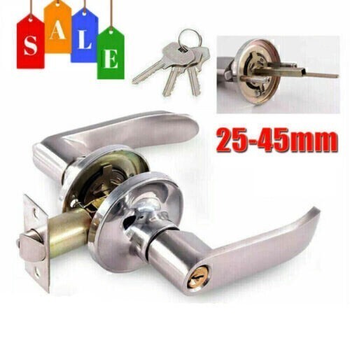 Entry Door Lever Lock Set Privacy Keyed Knob Lockset Handle+3 Keys Satin Nicke ~