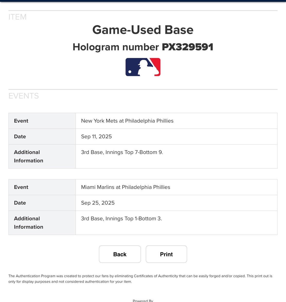 Phillies Game Used 2025 Independence Hall 3rd Base Mets/Marlins - MLB COA