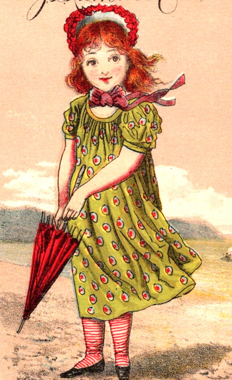 1882 J S Larkin & Co BORAXINE Redhead Girl on Beach Victorian Trade Card
