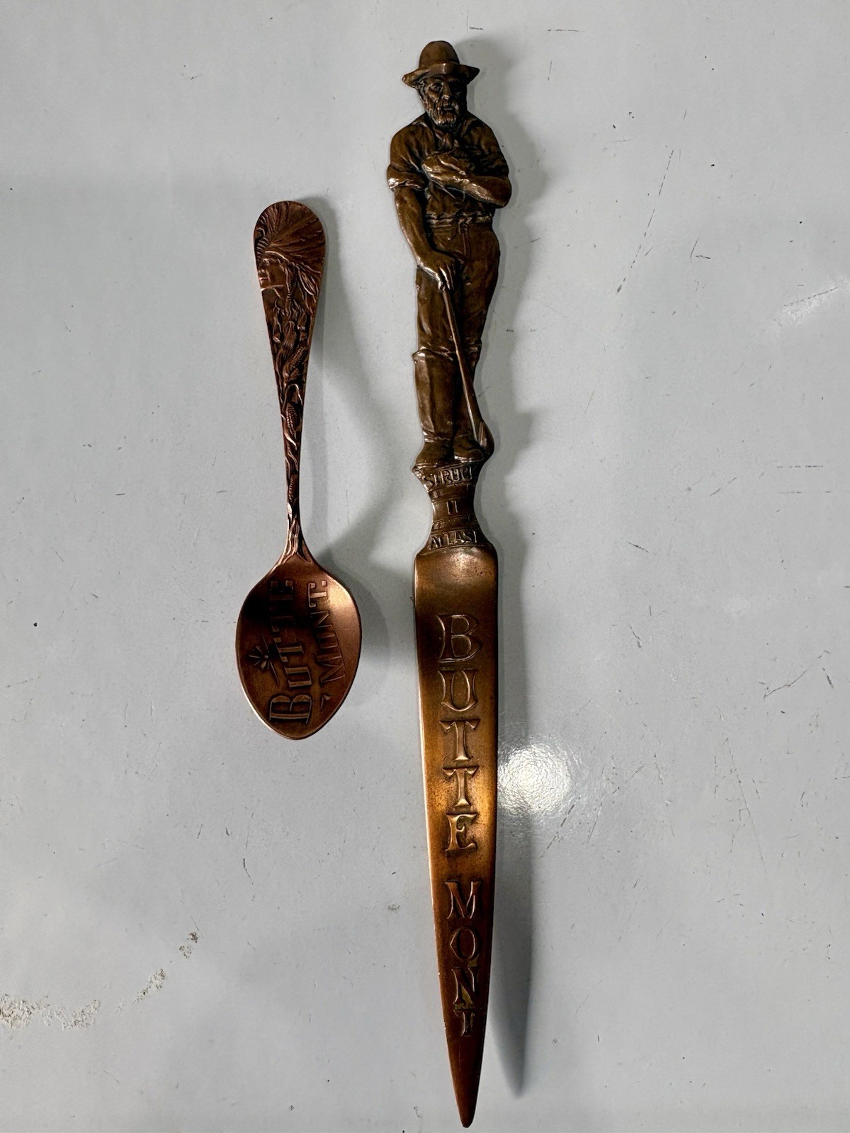 Butte Montana Copper Mining Town Souvenir Mail Opener And Tea Spoon Set.