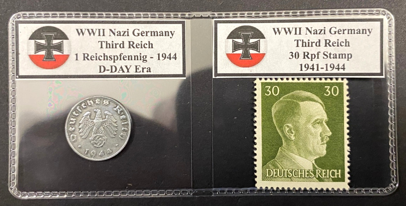 WWII Germany 1 Reichspfennig Coin & 30 Reichspfennig Stamp Set  D-Day Era-1944