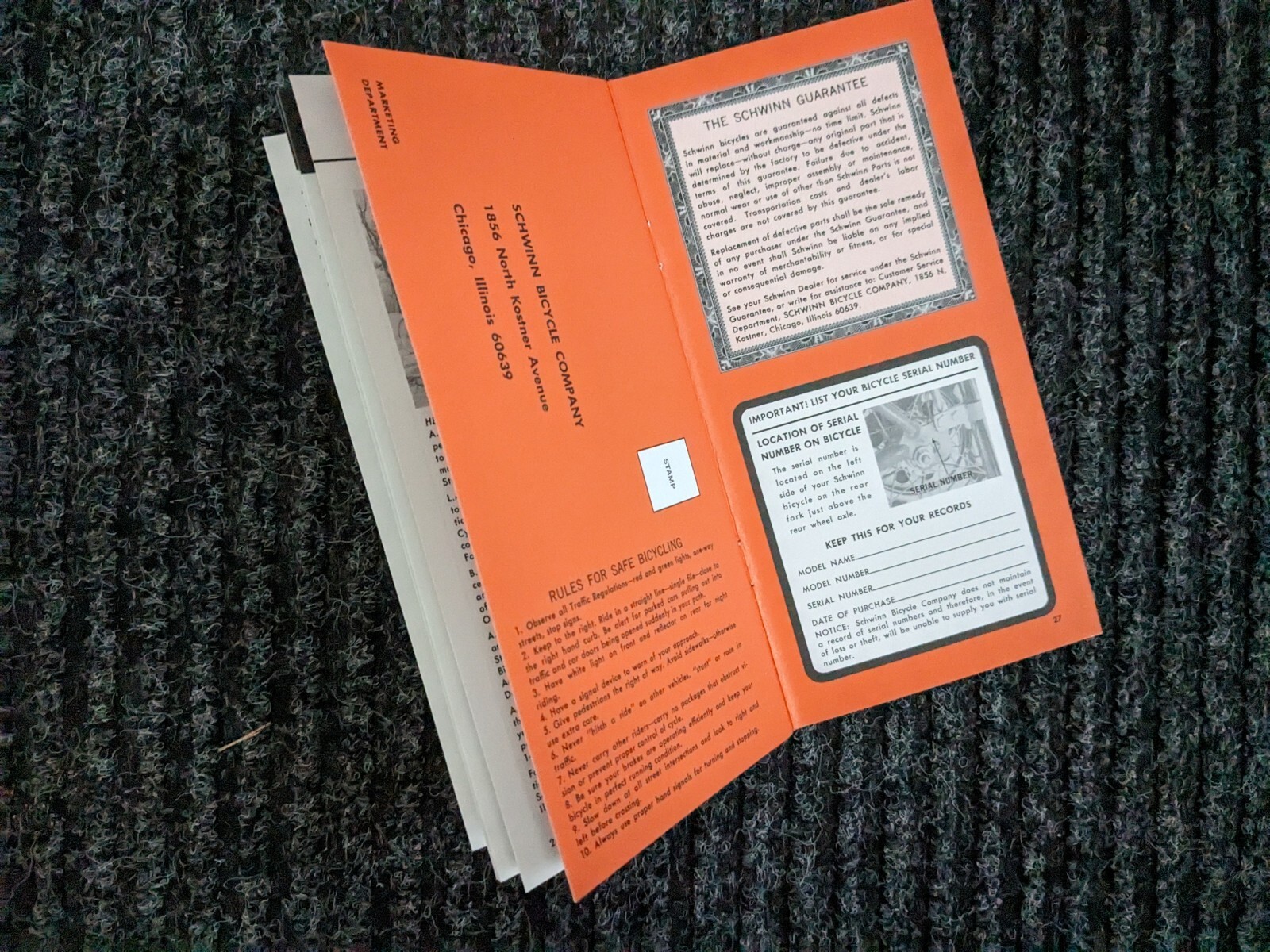 SCHWINN 1968 KRATE & 5 Speed Bicycle Stingray Owners Manual