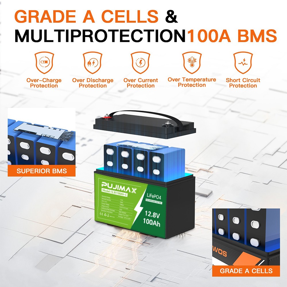 12V 100Ah LiFePO4 100Ah Lithium Battery BMS Cycle Deep for Solar Trolling Motor