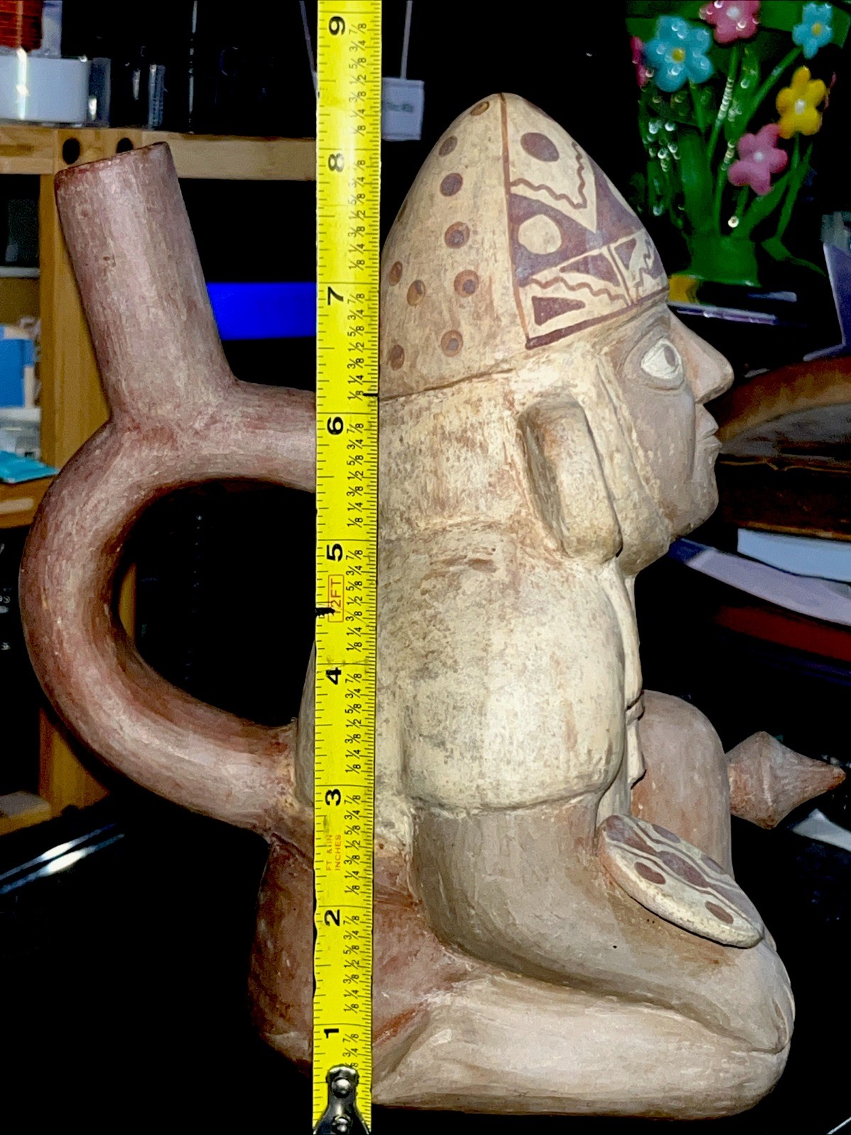 Peruvian Moche Pichu Style Pottery Stirrup Spout Vessel 8 1/2" Kneeling Warrior