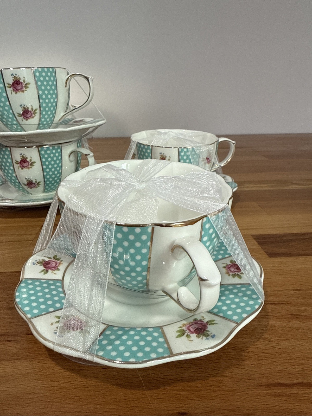 Elegance Porcelain Teal & White Teacup and Saucer With Gold & Flowers Set Of 4