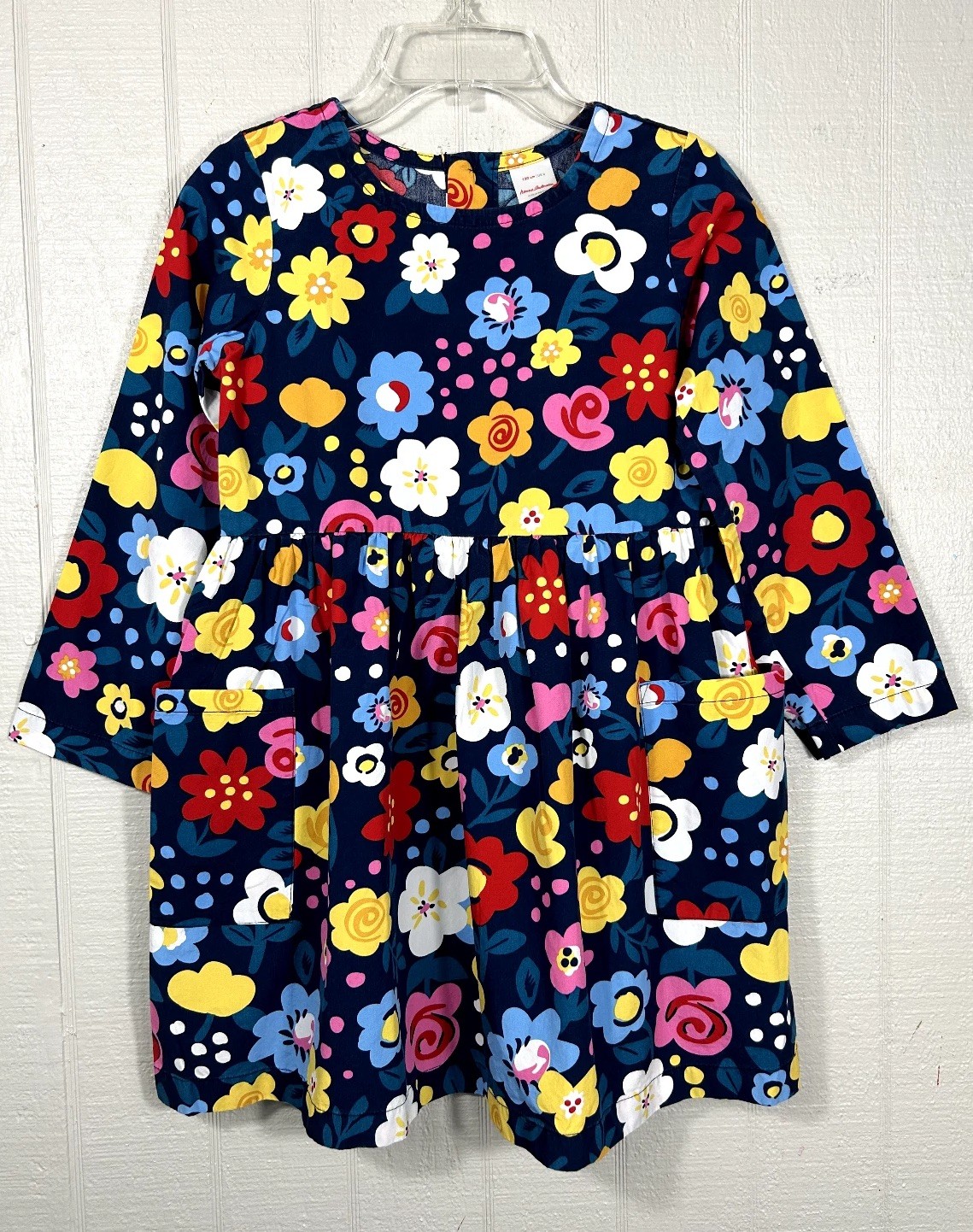 Hanna Andersson Flower Poplin Dress Girls 8 130cm Navy NWOT Long Sleeve Pockets