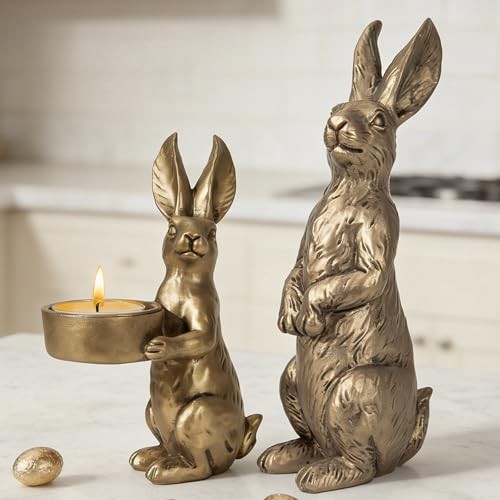 Golden Easter Bunny Figurines Set of 2, Gilded Resin set of 2 Gold Bunny