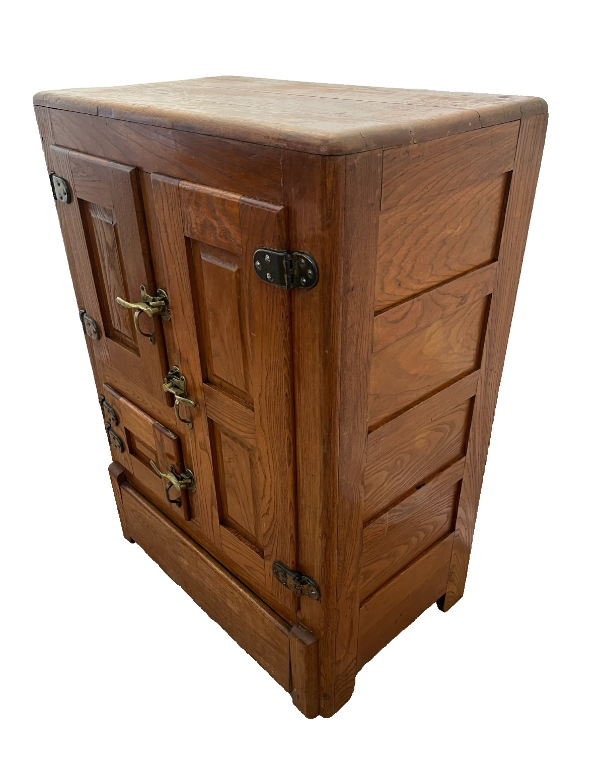 Antique Ice Box Three storage cabinets, Oak, Brass latches, Three Racks, 1920's